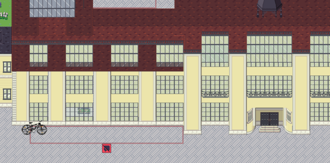 Screenshot des Hauptgebäudes im digitalen Campus, davor ist ein rot umgrenzter, stiller Bereich zu sehen