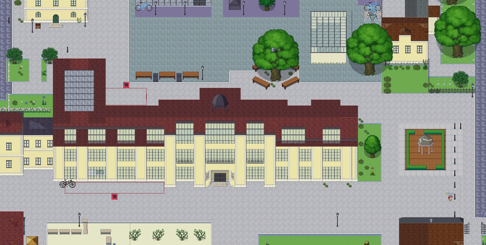 Screenshot digitaler Campus mit Hauptgebäude, angrenzenden Wegen und Gebäuden