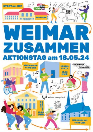Plakat  zum Aktionstag am 18.Mai mit der Überschrift Weimar zusammen. Zu sehen sind Illustrationen der Zwischenstopps der Route sowie verschiedene Menschen beim Tanzen, Musizieren und Malen.