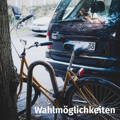 Foto mit einem Fahrrad, das neben einem Auto geparkt ist mit Überschrift: Wahlmöglichkeiten