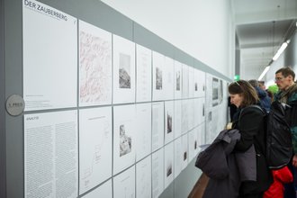 View of the exhibition: First prize in the Research category: Luisa Krämer: The Magic Mountain - Stone Houses in the Cottian Alps (Photo: Thomas Müller, Copyright: Bauhaus-Universität Weimar)