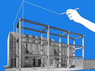Grafik zeigt zeichnende Hand, die den Eperimentalbau in Stahl auf dem Campus der Bauhaus-Universität Weimar weiterzeichnet