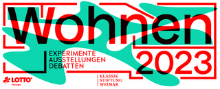Schriftzug "Wohnen 2023 – Experimente, Ausstellungen, Debatten"