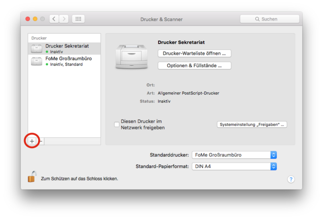 Open the menu via "System settings" -> "Printers & scanners" -> "+".