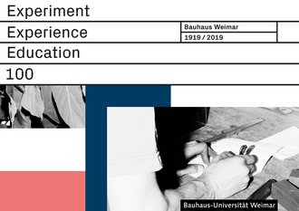 Postkarte zum Bauhaus-Jubiläum, Aufschrift "Experiment, Experience, Education"