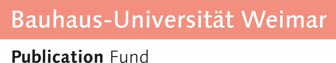 The type-logo consists of two lines of text. The upper line reads: »Bauhaus-Universität Weimar« (in white letters on a salmon-colored background); the lower line reads: »Publication Fund« (in black letters on a white background).