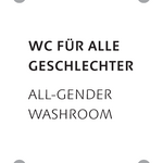 Das Bild zeigt ein zweisprachiges (Deutsch/Englisch) Toilettenschild. Es zeigt in schwarzer Schrift auf weißem Hintergrund die Worte »WC für alle Geschlechter« (oben) sowie »All-gender washroom« (unten).