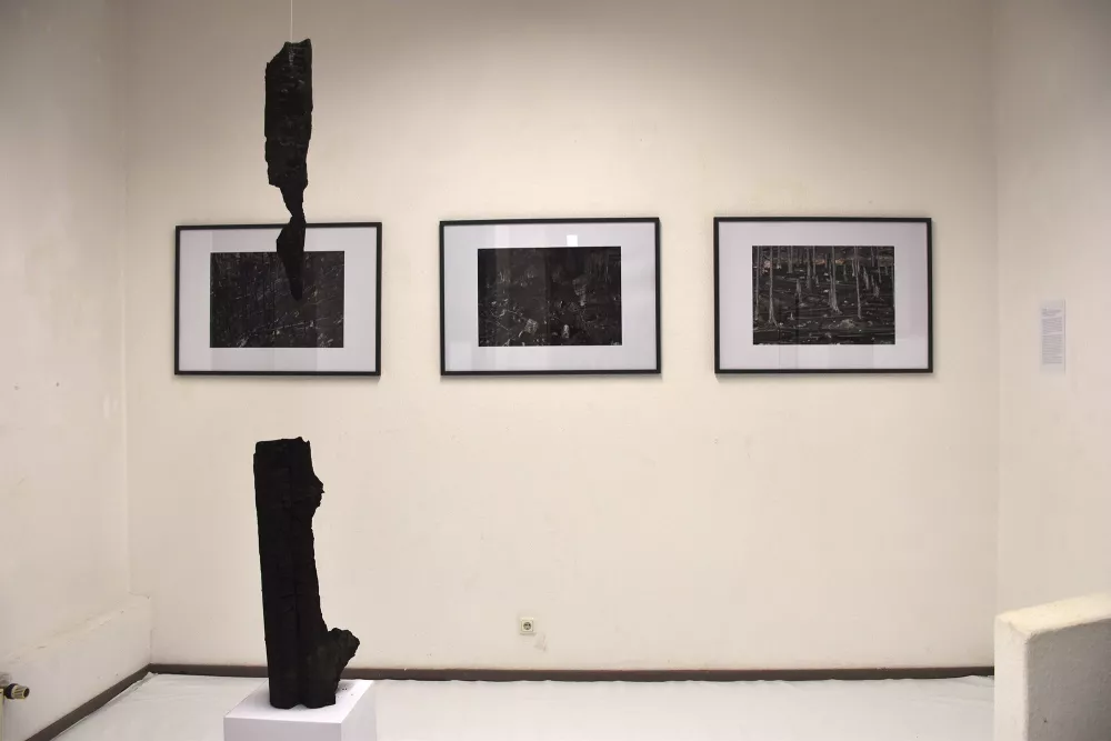 Ausstellungsaufbau, 3 Bilderrahmen, davorhängend eine Installation aus verbranntem Holz
