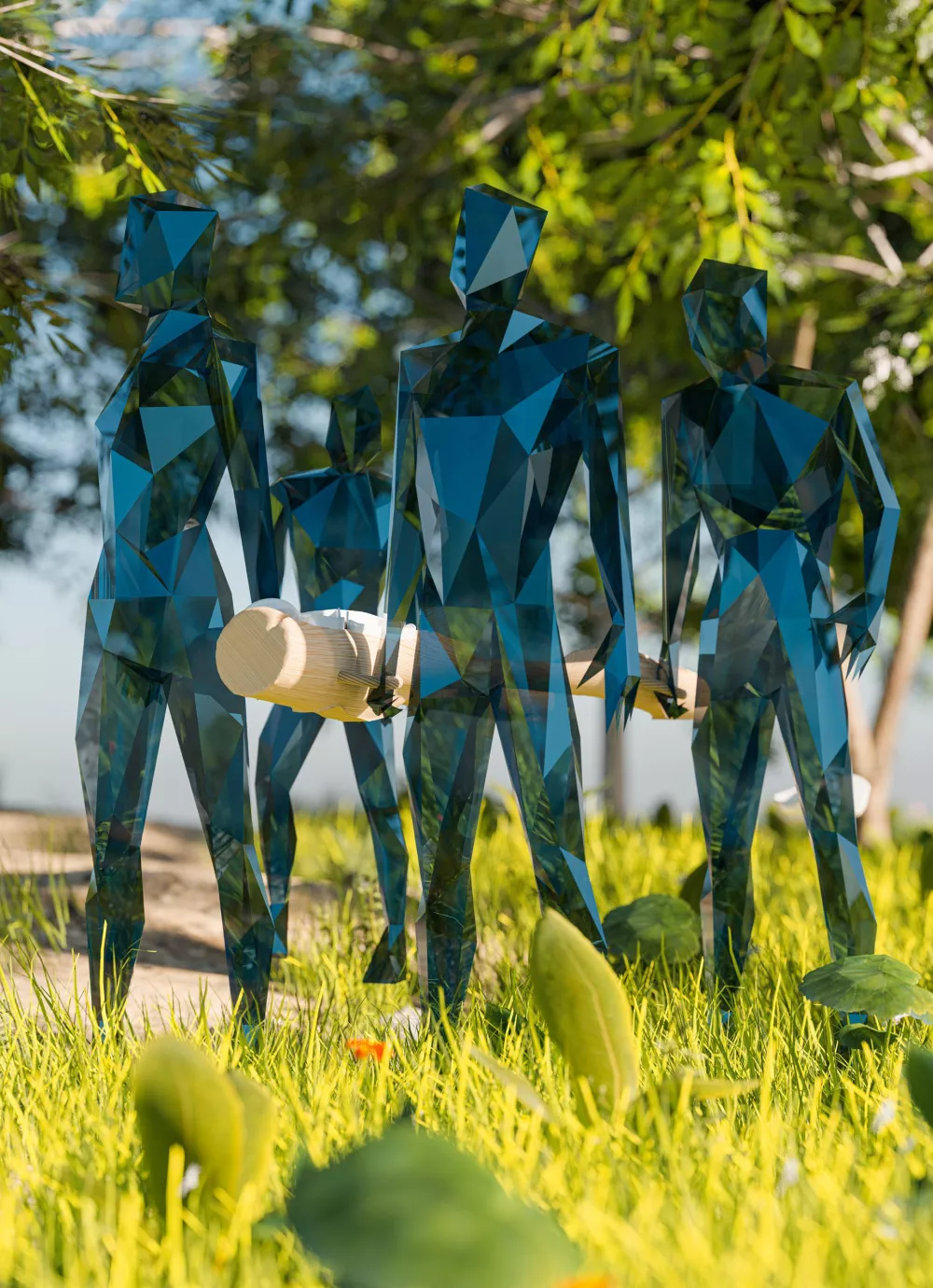 rendering of four people lifting a log