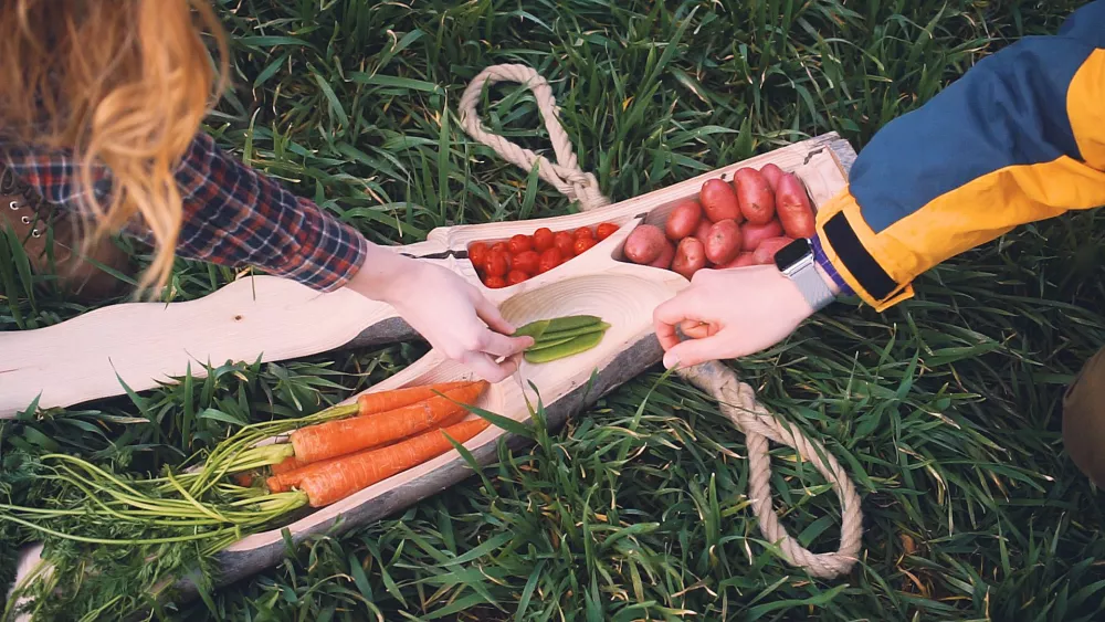 bearbeiteter Holzobjekt, das auf einer Wiese liegt und in dessen Mulden zwei Personen Gemüse sortieren