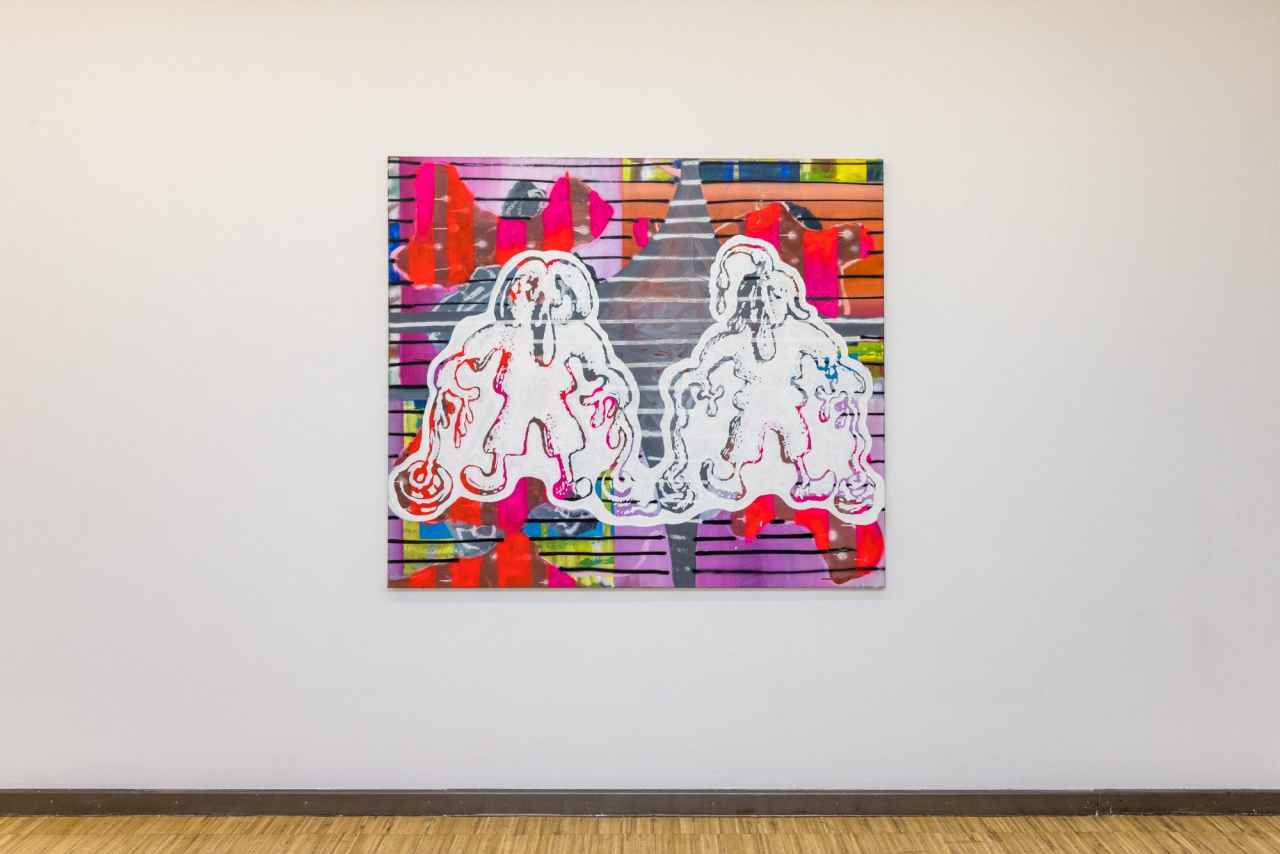 painting featuring bright colors and two abstract humanoid figures