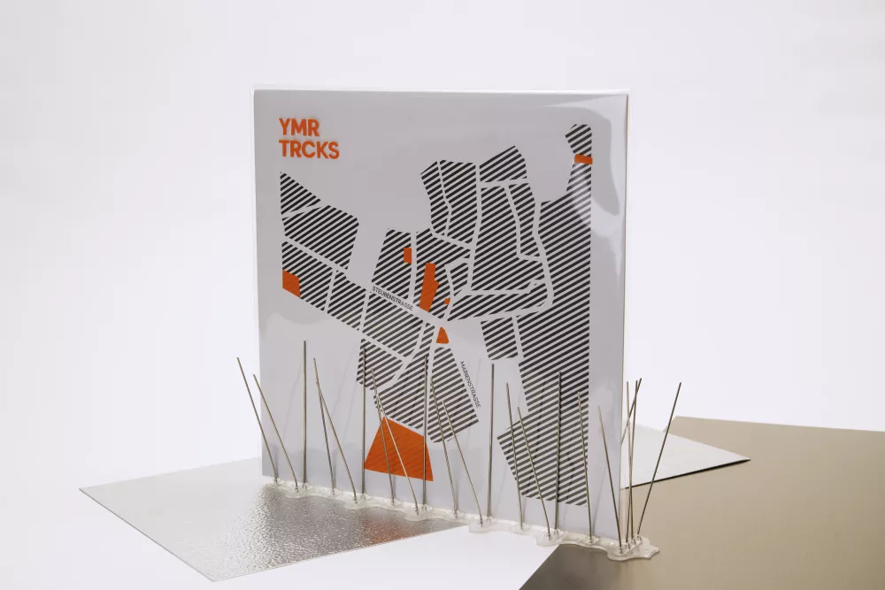 record sleeve in stand