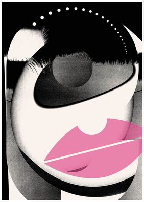 Abstrakte Illustration eines Gesichts in Schwarz-Weiß mit grafischen Formen. Ein Auge ist stark stilisiert, der Mund in Rosa hervorgehoben. Gepunktete Linien und kontrastreiche Flächen strukturieren die Komposition.
