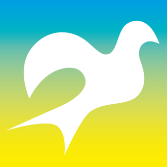 Graphic of a pigeon on a blue-green-yellow background, designed by Masihne Rasuli