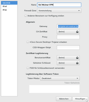 Give the connection a meaningful name (in the example »Uni Weimar VPN«) and enter vpngate.uni-weimar.de as the gateway. Then click on »Add« at the bottom right.