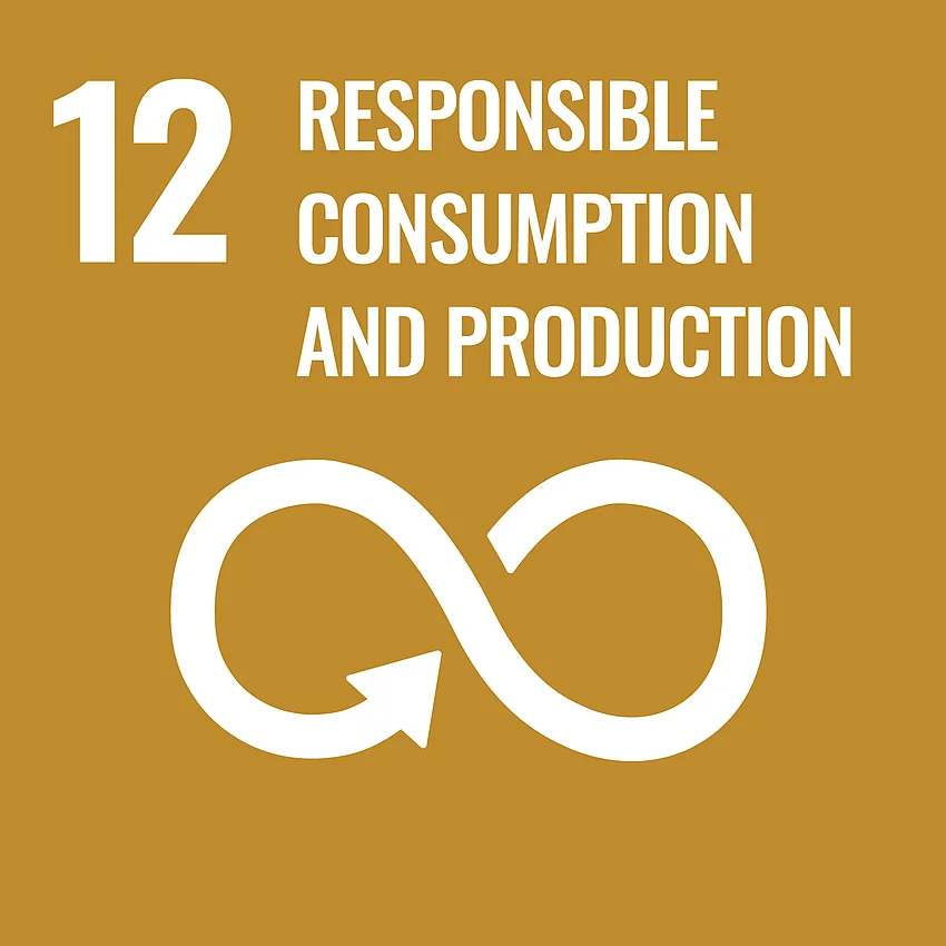 Grafik SDG Ziel 12 - "Responsible Consumption and Production" (Verantwortung bei Konsum und Produktion), braun unterlegt mit Piktogramm eines Pfeils in Form des Unendlichkeitszeichens.