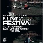 Plakat zum 4. Internationalen Salsa Film Festival 2026 in Weimar mit Filmstills, weißen Zeichnungen und Informationen zu Termin, Ort und freiem Eintritt.