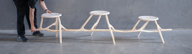 Illustration of a student's work: Garden bench with three separate seats made of naturally moulded wood