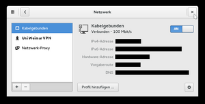 You should now see your new VPN connection in the network overview, under the name you specified. Close the window by clicking on the »X« in them corner. (Again, the addresses have been made unrecognisable).