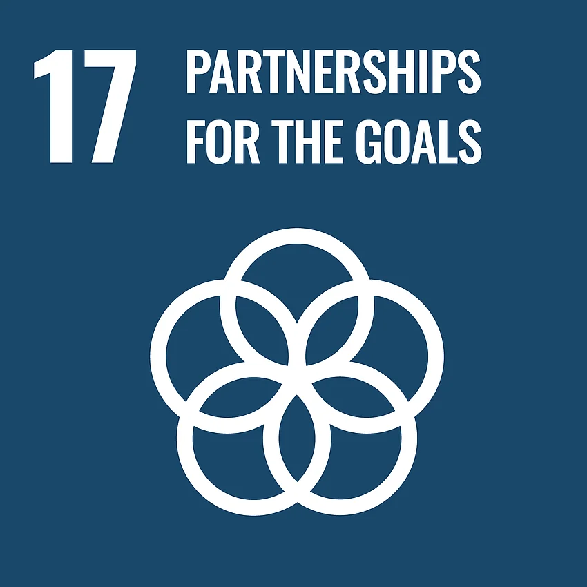 Grafik SDG Ziel 17 - "Partnership for the Goals" (Partnerschaften zur Erreichung der Ziele), dunkelblau unterlegt mit Piktogramm von fünf Ringen, die sich symmetrisch überschneiden und so eine Blume bilden.