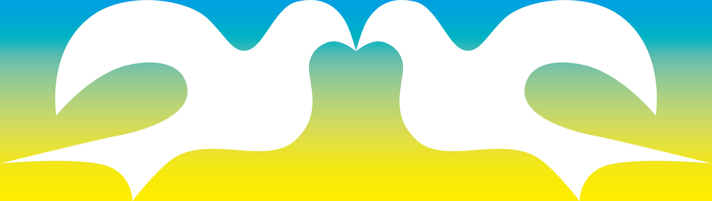Grafik mit zwei stilisierten weißen Tauben auf einem blau gelben Hintergrund