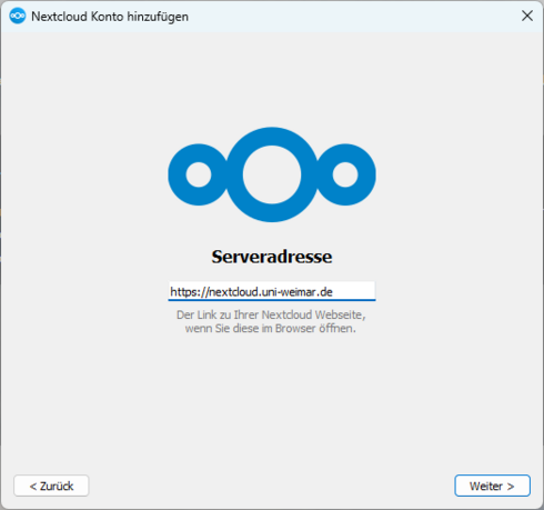 Screenshot Dialogfeld Nextcloud Konto mit Eingabefeld für die Serveradresse