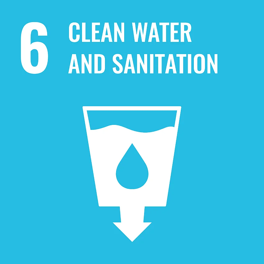 Grafik SDG Ziel 6 - "Clean Water and Sanitation" (Sauberes Wasser und Sanitäreinrichtungen), blau unterlegt mit Piktogramm eines Glases mit enthaltener Flüssigkeit und einem Tropfen in der Mitte.
