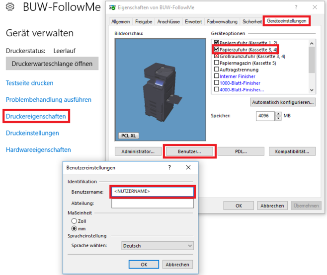 Open the configuration dialogue via "Printer properties", enter the personal user name of the Bauhaus-Universität in the seventh tab under "Device settings" -> "User..." and confirm with "OK".