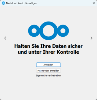 Screenshot of the Add Nextcloud account dialogue window with login buttons