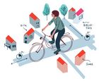 Illustration einer Person auf dem Fahrrad, unterwegs zwischen Kita, Schule und Bibliothek