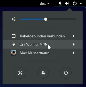 The network icon should now have changed (in the picture: a padlock connected to the network). If you click on the icon and see your VPN name in the network settings, you have successfully connected your computer to the VPN.