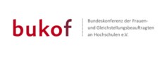 The type logo shows the words »Bundeskonferenz der Frauen- und Gleichstellungsbeauftragten an Hochschulen e.V.« in black letters on a white background. To the left of this text, the logo shows the corresponding acronym, »bukof«. The last four letters of the acronym are spelled in bright-red, the »f« is dark-red.