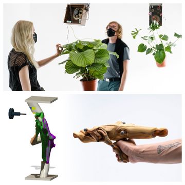 oben: Arbeit »eceltro|botanic« von Cosmo Schüppel; Foto: Henry Sowinsky | Unten: Jannik Gieler & Rael Kaymer, SoSe 23, Projekt »Misfits«, Professur Emerging Technologies and Design Collage mit der Abbildung von drei Studierendenarbeiten