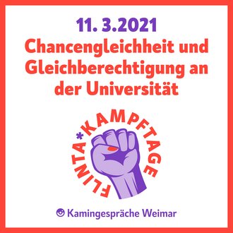 Veranstaltungsgrafik zu Kamingespräch im Rahmen der Weimarer FLINTA* Kampftage zu »Chancengleichheit und Gleichberechtigung an der Universität«