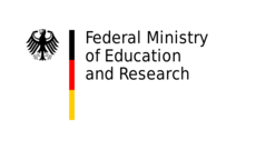 The logo consists of a black Federal Eagle (left), a vertical bar in the colors black-red-gold (center), and black logotype: »Federal Ministry of Education and Research« (right) - all against a white background.