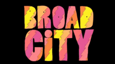 Logo of the TV-show "Broad City" - pink, yellow, and orange letters against a black background.