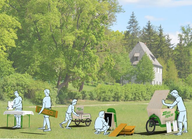Grafik von Scene mit Ausschank von Suppe im öffentlichen Raum