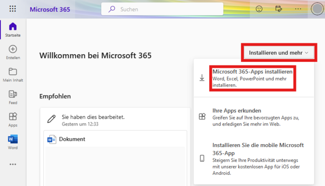 Screenshot der Microsoft Office 365 Nutzeroberfläche. Der Button Installieren und mehr ist rot umrandet