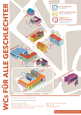 Lageplan mit Unigebäuden, in denen es WCs für alle Geschlechter gibt