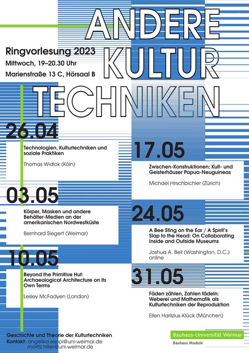 Am 26. April startet die Ringvorlesung »Andere Kulturtechniken«  an der Fakultät Medien der Bauhaus-Universität Weimar (Plakatgestaltung: Vikenti Komitski)