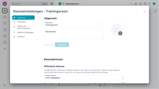 Screenshot of the General Room Settings dialog box. The input fields for the name and theme of the room can be edited. The primary address can be changed in a drop-down field below.