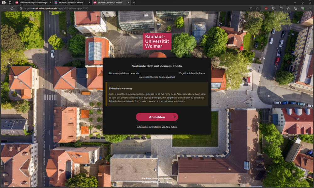 Startseite der Bauhaus Cloud mit Hinweistext zur Sicherheit und Anmeldebutton