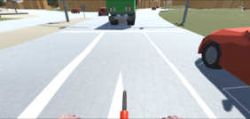 Computeranimiertes Bild einer Verkehrssituation aus der Sicht eines Fahrradfahrers.