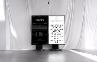 Exhibition view with two vertical monitors in front of a light curtain. The left monitor shows a black user interface, while the right displays a voice-generated alphabet with handwritten-looking letterforms.