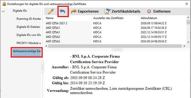 Screenshot mit Hervorhebung der einzelnen Schritte: Wählen der Kategorie »Vertrauenswürdige Zertifikate« / Klick auf »Importieren«