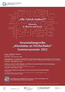 Das Poster zeigt den Titel der Veranstaltungsreihe sowie die Daten der einzelnen Veranstaltungen in weißer Schrift auf dunkelrotem Hintergrund. Der Titel ist umgeben von einer Wortwolke mit diversitätsrelevanten Begriffen.