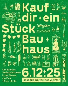 Plakat des Bauhaus-Weihnachtsmarkts »Kauf Dir ein Stück Bauhaus«. Design: Hannes Naumann