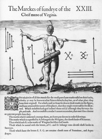 Theodor de Bry, The Marckes of sundrye of the Cheif mene of Virginia. From: A Briefe and True Report of the New Found Land of Virginia (1588).