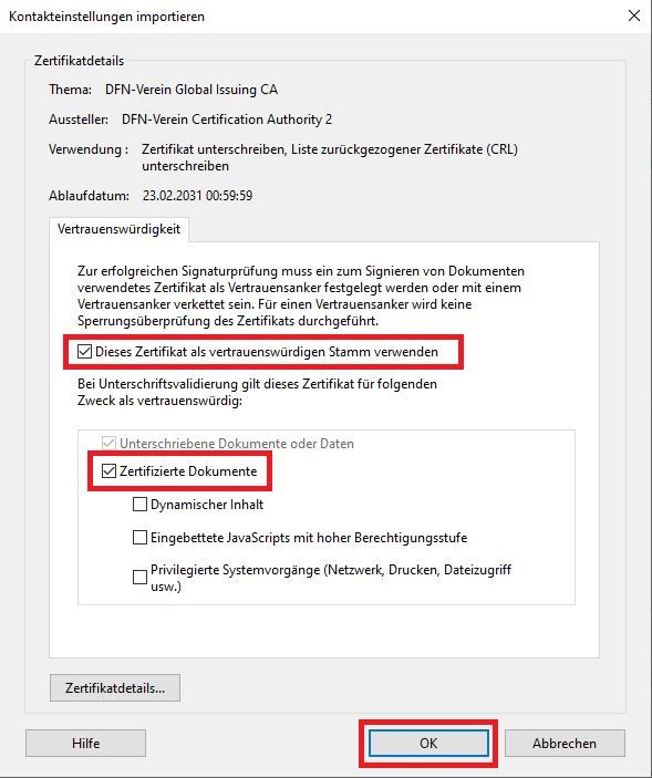 Screenshot mit Hervorhebung der einzelnen Schritte: Auswahl der Optionen bei »Vertrauenswürdigkeit«
