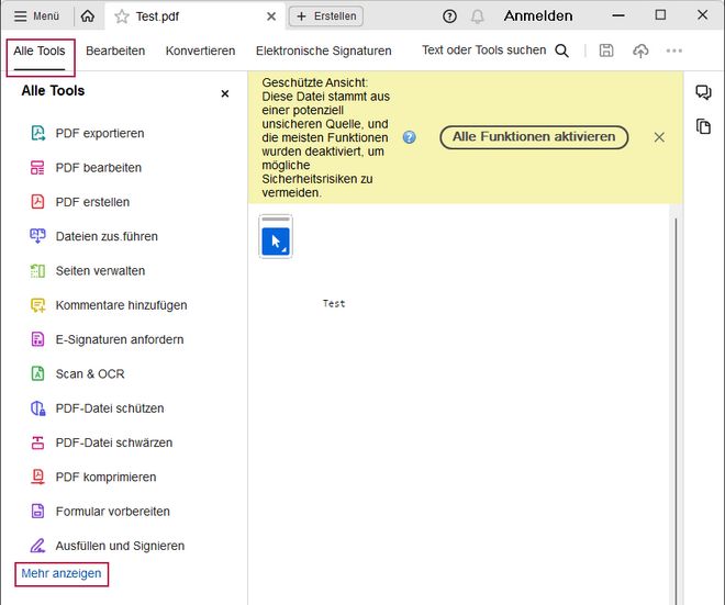 Screenshot mit Hervorhebung der einzelnen Schritte: Klicken Sie oben auf »Alle Tools« und anschließend am Ende der Liste auf »Mehr anzeigen«